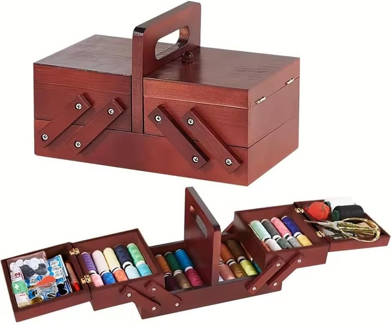 EFFNILIM 1pcs Wooden Expandable Sewing Box Sewing Kit Storage Box with Handle, Embroidery Kit Wooden Sewing Basket - Image 1